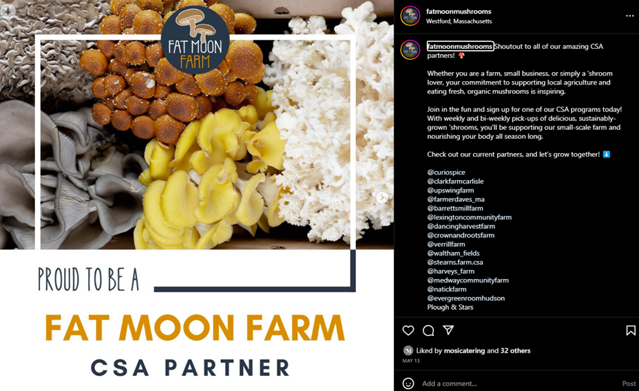 Screenshot of Instagram post and comment giving at shout out to Fat Moon Farm's CSA customers